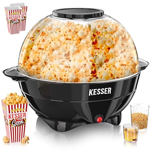 KESSER® Popcornmaschine Groß 800W Popcorn-Maker 5,5l Inhalt mit Antihaftbeschichtung Deckel & Servierschale für Öl Butter Zucker Stille & Schnelle inkl. abnehmbarer Heizfläche & Popcornbecher, schwarz von KESSER