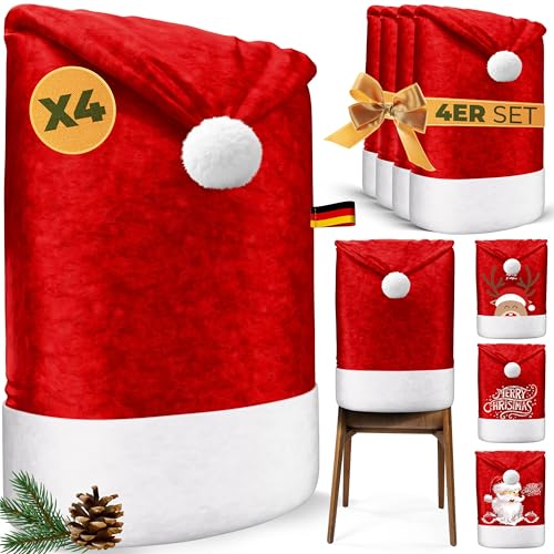 KESSER® Premium Weihnachtsstuhlüberzug 4er Set Stuhlhussen für Weihnachten Nikolausmütze Stuhlbezug Husse Weihnachtsdeko für Stühle Überzieher - Stuhlabdeckung im weihnachtlichen Design von KESSER