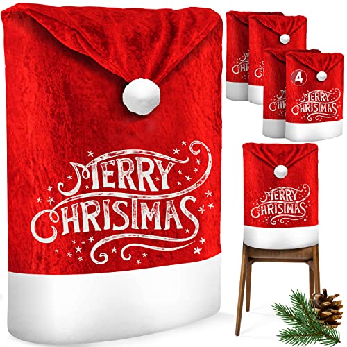 KESSER® Premium Weihnachtsstuhlüberzug 4er Set Stuhlhussen für Weihnachten Nikolausmütze Stuhlbezug Husse Weihnachtsdeko für Stühle Überzieher - Stuhlabdeckung im weihnachtlichen Design von KESSER
