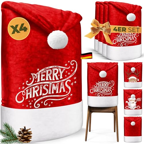 KESSER® Premium Weihnachtsstuhlüberzug 4er Set Stuhlhussen für Weihnachten Nikolausmütze Stuhlbezug Husse Weihnachtsdeko für Stühle Überzieher - Stuhlabdeckung im weihnachtlichen Design von KESSER