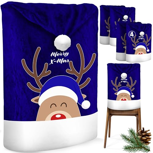 KESSER® Premium Weihnachtsstuhlüberzug 4er Set Stuhlhussen für Weihnachten Nikolausmütze Stuhlbezug Husse Weihnachtsdeko für Stühle Überzieher - Stuhlabdeckung im weihnachtlichen Design von KESSER