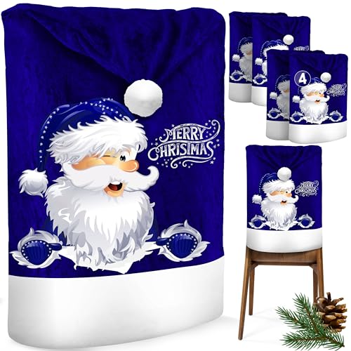 KESSER® Premium Weihnachtsstuhlüberzug 4er Set Stuhlhussen für Weihnachten Nikolausmütze Stuhlbezug Husse Weihnachtsdeko für Stühle Überzieher - Stuhlabdeckung im weihnachtlichen Design von KESSER