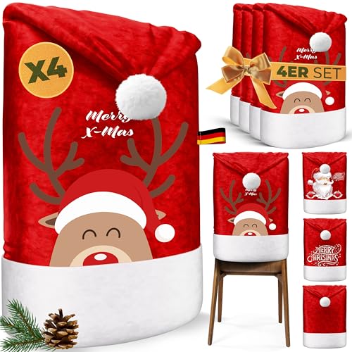 KESSER® Premium Weihnachtsstuhlüberzug 4er Set Stuhlhussen für Weihnachten Nikolausmütze Stuhlbezug Husse Weihnachtsdeko für Stühle Überzieher - Stuhlabdeckung im weihnachtlichen Design von KESSER