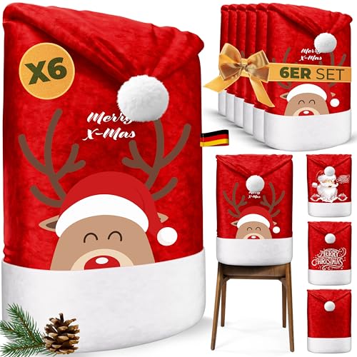 KESSER® Premium Weihnachtsstuhlüberzug 6er Set Stuhlhussen für Weihnachten Nikolausmütze Stuhlbezug Husse Weihnachtsdeko für Stühle Überzieher - Stuhlabdeckung im weihnachtlichen Design von KESSER