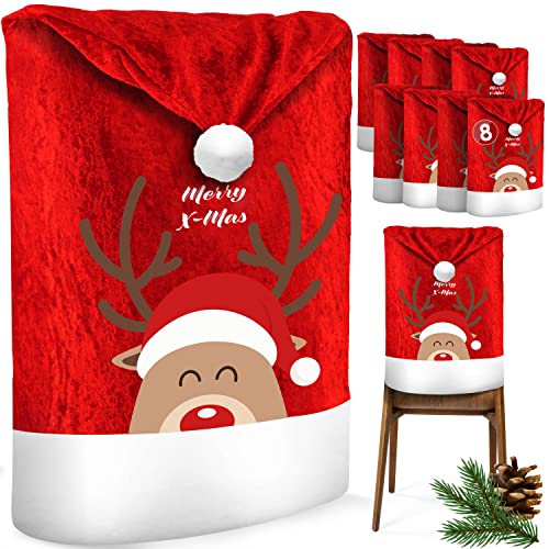 KESSER® Premium Weihnachtsstuhlüberzug 8er Set Stuhlhussen für Weihnachten Nikolausmütze Stuhlbezug Husse Weihnachtsdeko für Stühle Überzieher - Stuhlabdeckung im weihnachtlichen Design von KESSER