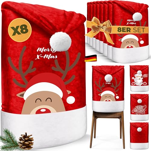 KESSER® Premium Weihnachtsstuhlüberzug 8er Set Stuhlhussen für Weihnachten Nikolausmütze Stuhlbezug Husse Weihnachtsdeko für Stühle Überzieher - Stuhlabdeckung im weihnachtlichen Design von KESSER