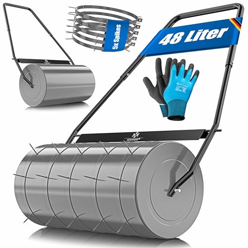 KESSER® Rasenwalze Metall befüllbar mit Wasser oder Sand mit 48 Liter Füllvolumen & 60cm breit | Gartenwalze inklusive 5X Spikes & Handschuhe | Handwalze Rasenroller Ackerwalze Walze in Anthrazit von KESSER