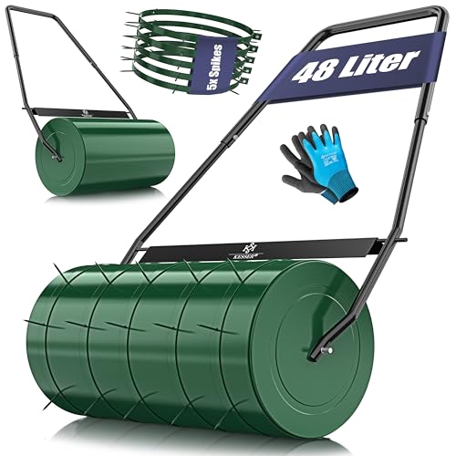 KESSER® Rasenwalze Metall befüllbar mit Wasser oder Sand mit 48 Liter Füllvolumen & 60cm breit | Gartenwalze inklusive 5X Spikes & Handschuhe | Handwalze Rasenroller Ackerwalze Walze in Grün von KESSER