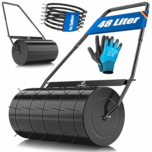 KESSER® Rasenwalze Metall befüllbar mit Wasser oder Sand mit 48 Liter Füllvolumen & 60cm breit | Gartenwalze inklusive 5X Spikes & Handschuhe | Handwalze Rasenroller Ackerwalze Walze in Schwarz von KESSER