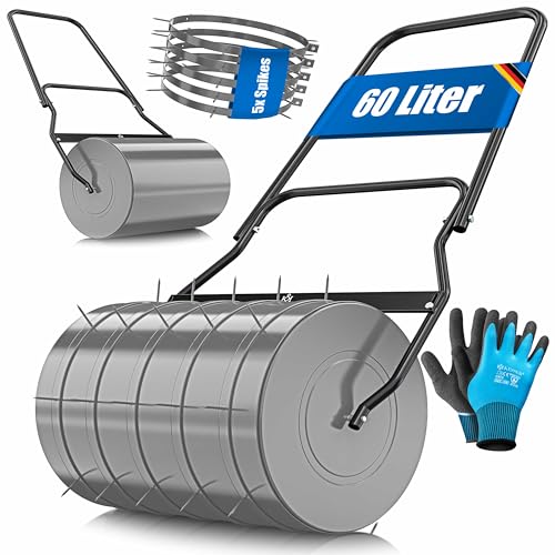 KESSER® Rasenwalze Metall befüllbar mit Wasser oder Sand mit 60 Liter Füllvolumen & 50cm breit | Gartenwalze inklusive 5X Spikes & Handschuhe | Handwalze Rasenroller Ackerwalze Walze in Anthrazit von KESSER