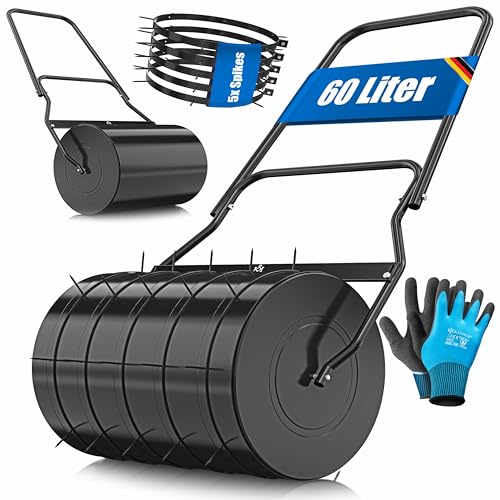 KESSER® Rasenwalze Metall befüllbar mit Wasser oder Sand mit 60 Liter Füllvolumen & 50cm breit | Gartenwalze inklusive 5X Spikes & Handschuhe | Handwalze Rasenroller Ackerwalze Walze in Schwarz von KESSER