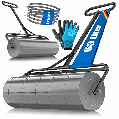 KESSER® Rasenwalze Metall befüllbar mit Wasser oder Sand mit 63 Liter Füllvolumen & 99cm breit | Gartenwalze inklusive 5X Spikes & Handschuhe | Handwalze Rasenroller Ackerwalze Walze in Anthrazit von KESSER