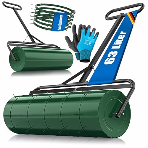 KESSER® Rasenwalze Metall befüllbar mit Wasser oder Sand mit 63 Liter Füllvolumen & 99cm breit | Gartenwalze inklusive 5X Spikes & Handschuhe | Handwalze Rasenroller Ackerwalze Walze in Grün von KESSER