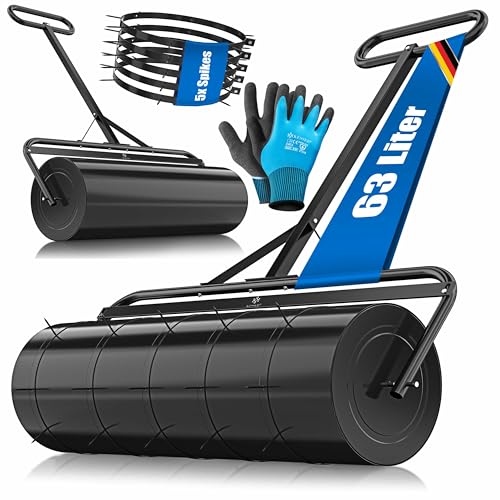 KESSER® Rasenwalze Metall befüllbar mit Wasser oder Sand mit 63 Liter Füllvolumen & 99cm breit | Gartenwalze inklusive 5X Spikes & Handschuhe | Handwalze Rasenroller Ackerwalze Walze in Schwarz von KESSER