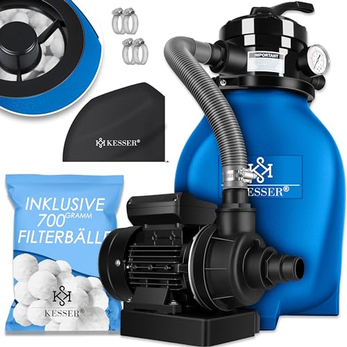 KESSER® Sandfilter Sandfilteranlage + 700g Filterbälle ersetzen 25kg Filtersand- Poolfilter 10 m³/h Filteranlage Filterkessel für Pool Schwimmbecken 4-Wege Ventil, einfache Steuerung, Blau von KESSER