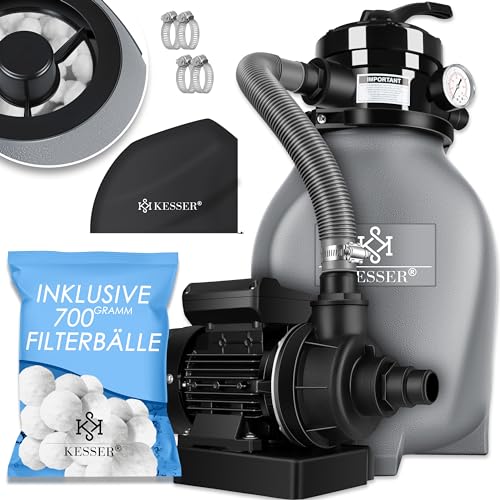 KESSER® Sandfilter Sandfilteranlage + 700g Filterbälle ersetzen 25kg Filtersand- Poolfilter 10 m³/h Filteranlage Filterkessel für Pool Schwimmbecken 4-Wege Ventil, einfache Steuerung, Grau von KESSER