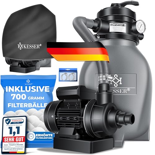 KESSER® Sandfilter Sandfilteranlage + 700g Filterbälle ersetzen 25kg Filtersand- Poolfilter 10 m³/h Filteranlage Filterkessel für Pool Schwimmbecken 4-Wege Ventil, einfache Steuerung, Grau von KESSER