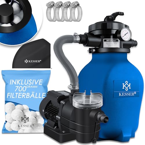 KESSER® Sandfilteranlage Sandfilter + 700g Filterbälle ersetzen 25kg Filtersand 7-Wege Ventil mit Druckanzeige Poolfilter 10 mġ/h Filteranlage Filterkessel für Pool 10.200 L/h Blau von KESSER