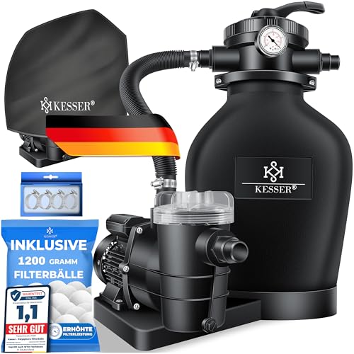 KESSER® Sandfilteranlage mit Pumpe & 1200g Filterbälle | Poolfilter 600W | Sandfilter für Pool 13200L/h Durchfluss | Tankvolumen bis 30kg Sand | 7-Wege Ventil mit Druckmanometer, Abdeckung & Zubehör von KESSER