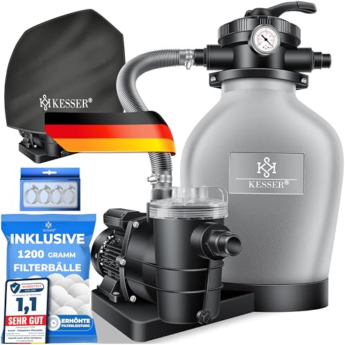 KESSER® Sandfilteranlage mit Pumpe & 1200g Filterbälle | Poolfilter 600W | Sandfilter für Pool 13200L/h Durchfluss | Tankvolumen bis 30kg Sand | 7-Wege Ventil mit Druckmanometer, Abdeckung & Zubehör von KESSER