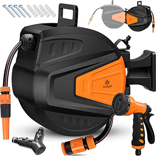 KESSER® Schlauchtrommel Wasser 15+2m Schlauchaufroller Inkl. 2-Wege-Verteiler + Multi-Handbrause Wasserschlauchtrommel Automatik | 180° Schwenkbar | Wandhalterung | Gartenschlauch | Orange von KESSER