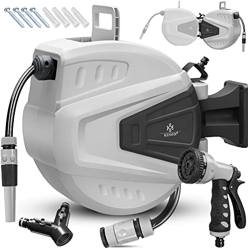 KESSER® Schlauchtrommel Wasser 20+2m Schlauchaufroller Inkl. 2-Wege-Verteiler + Multi-Handbrause Wasserschlauchtrommel Automatik | 180° Schwenkbar | Wandhalterung | Gartenschlauch | Grau von KESSER