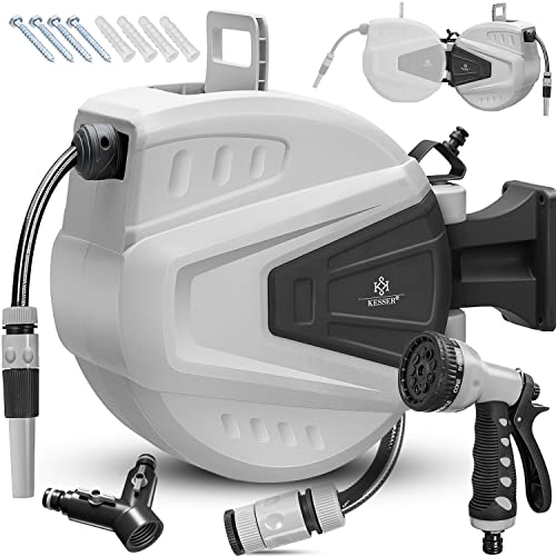 KESSER® Schlauchtrommel Wasser 30+2m Schlauchaufroller Inkl. 2-Wege-Verteiler + Multi-Handbrause Wasserschlauchtrommel Automatik | 180° Schwenkbar | Wandhalterung | Gartenschlauch | Grau von KESSER