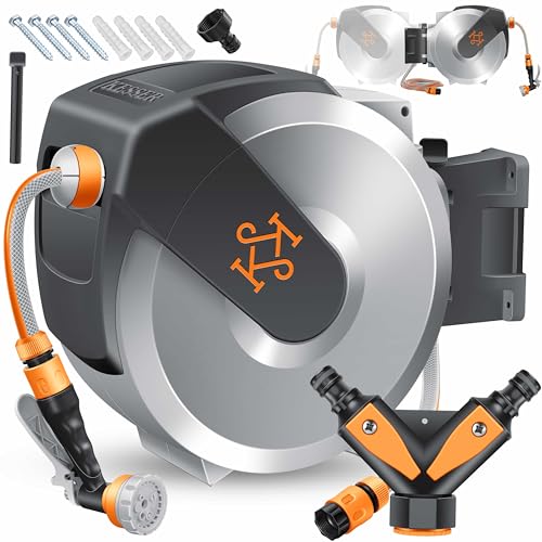 KESSER® Schlauchtrommel mit Gartenschlauch 20m | Wasserschlauchtrommel zur Wandmontage | Wandhalterung | 180° schwenkbar & automatische Aufrollung | Wand-Schlauchbox inkl. 7-Funktionen Handbrause von KESSER