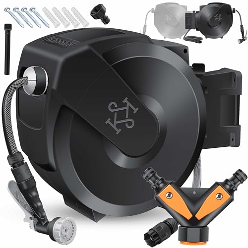 KESSER® Schlauchtrommel mit Gartenschlauch 30m | Wasserschlauchtrommel zur Wandmontage | Wandhalterung | 180° schwenkbar & automatische Aufrollung | Wand-Schlauchbox inkl. 7-Funktionen Handbrause von KESSER