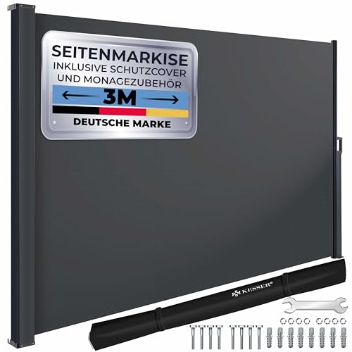 KESSER® Seitenmarkise ausziehbar Markise 180 x 300 cm Blickdicht Sichtschutz & Windschutz für Garten Balkon & Terrasse, Seitenrollo mit Wandhalterung, inkl. Wettercover & Montagezubehör, Dunkelgrau von KESSER