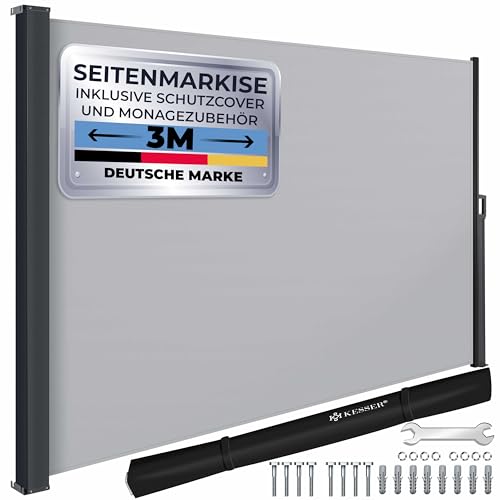 KESSER® Seitenmarkise ausziehbar Markise 160 x 300 cm Blickdicht Sichtschutz & Windschutz für Garten Balkon & Terrasse, Seitenrollo mit Wandhalterung, inkl. Wettercover & Montagezubehör, Grau von KESSER