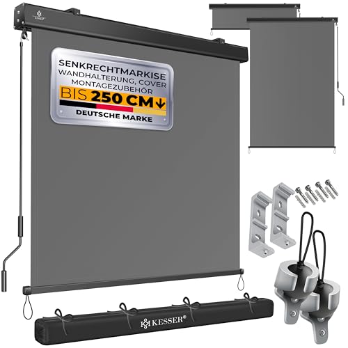KESSER® Senkrechtmarkise 180x250cm Außenrollo Handkurbelmechanismus Balkonrollo Sonnen-und Sichtschutz Beschattung Sonnenschutz mit Kurbel Markisenkasten Balkon & Terrasse inkl Montageset & Abdeckung von KESSER