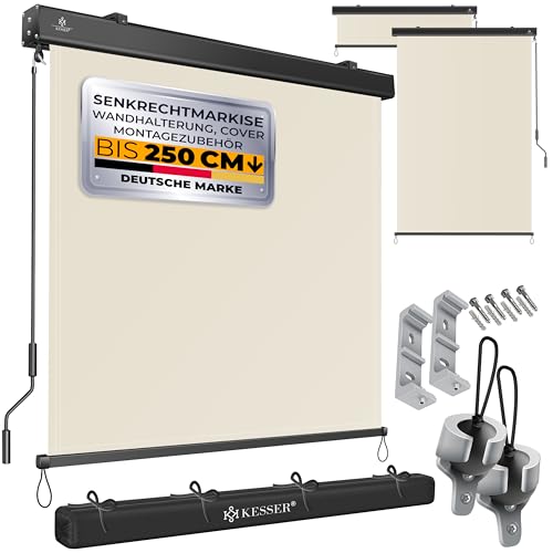 KESSER® Senkrechtmarkise 200x250cm Außenrollo Handkurbelmechanismus Balkonrollo Sonnen-und Sichtschutz Beschattung Sonnenschutz mit Kurbel Markisenkasten Balkon & Terrasse inkl Montageset & Abdeckung von KESSER