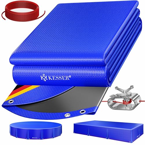 KESSER® Solar Poolabdeckung Pool Abdeckplane Rund Ø366cm Poolplane 200g/m² PE Material Inkl. Stahlseil + Seilspanner mit Ösen Solarplane Abdeckung UV-resistent, Wetterfest für Sommer & Winter von KESSER
