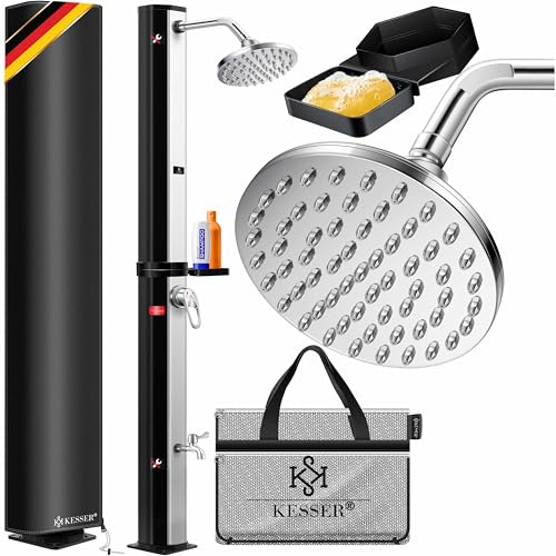 KESSER® Solardusche 40 Liter Solar Gartendusche inkl. Metall-Duschablage & Schutzhaube | warmes Wasser | max. 60°C | Pooldusche Camping| Regenduschkopf und Wasserhahn | Schwarz/Silber von KESSER