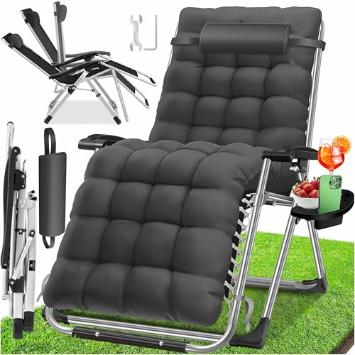 KESSER® Sonnenliege Liegestuhl Klappbar & Wetterfest, Gartenstuhl Belastbar 200kg Ergonomisches Polster Extra Breit Verstellbare Rückenlehne Gartenliege inkl. Nackenkissen & Getränkehalter, Anthrazit von KESSER