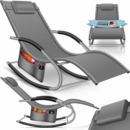 KESSER® Sonnenliege Relaxliege Schwungliege | Gartenliege | Gartenstuhl | Liegestuhl | Schaukelsessel | ergonomische Relaxsessel | Kopfkissen | wetterfest | 150 kg Belastung |Inkl. Seitentasche, Grau von KESSER