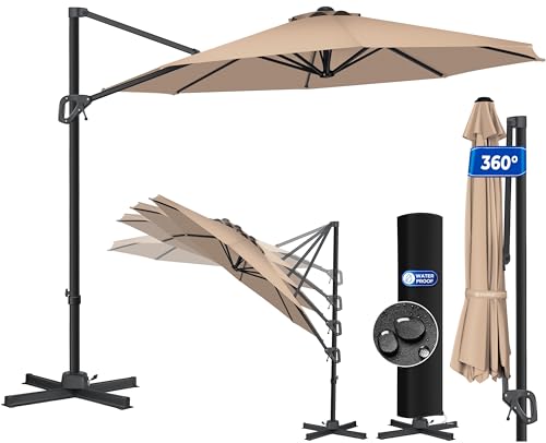 KESSER® Sonnenschirm Ampelschirm SUN Rund XL Ø330 cm Inkl. Abdeckung, 7-Fach Verstellbar Drehbar Neigbar Kippbar Groß 360° Drehbar Gartenschirm mit Kurbel Sonnenschutz UV50+ Taupe von KESSER
