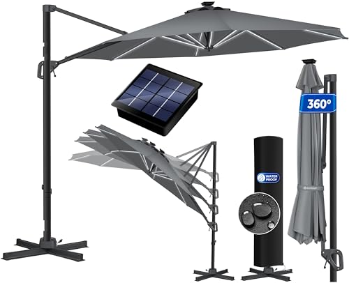 KESSER® Sonnenschirm Ampelschirm Sun Rund XL LED Solar Ø330 cm Inkl. Abdeckung, 7-Fach Verstellbar Neigbar Kippbar Groß 360° Drehbar Gartenschirm mit Kurbel Sonnenschutz UV50+ Anthrazit von KESSER