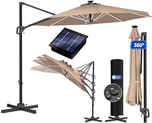 KESSER® Sonnenschirm Ampelschirm Sun Rund XL LED Solar Ø330 cm Inkl. Abdeckung + Windsicherung 7-Fach Verstellbar Neigbar Kippbar Groß 360° Drehbar Gartenschirm mit Kurbel Sonnenschutz UV50+ Taupe von KESSER