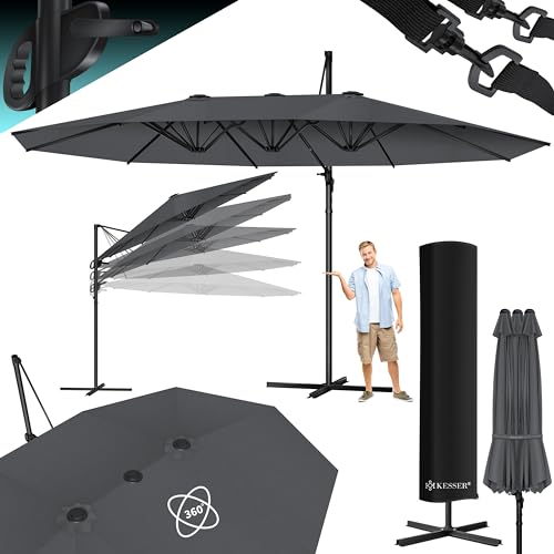 KESSER® Sonnenschirm Doppelsonnenschirm 4,6m x 2,7m | Ampelschirm Abdeckung & Windsicherung mit Kurbel & Ständer | Kurbelschirm Aluminium wasserabweisend | Neigbar Kippbar 360° Drehbar Anthrazit von KESSER