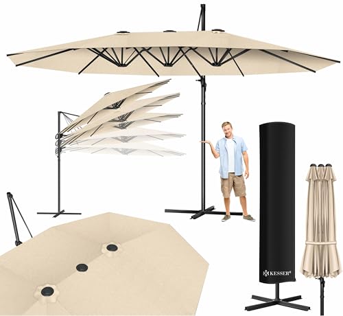 KESSER® Sonnenschirm Doppelsonnenschirm 4,6m x 2,7m | Ampelschirm Abdeckung & Ständer | Kurbelschirm Aluminium wasserabweisend | Neigbar Kippbar 360° Drehbar Beige von KESSER