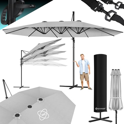 KESSER® Sonnenschirm Doppelsonnenschirm 4,6m x 2,7m | Ampelschirm Abdeckung & Windsicherung mit Kurbel & Ständer | Kurbelschirm Aluminium wasserabweisend | Neigbar Kippbar 360° Drehbar Hellgrau von KESSER