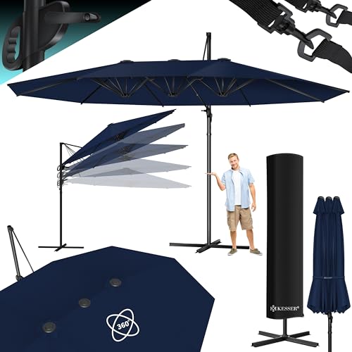 KESSER® Sonnenschirm Doppelsonnenschirm 4,6m x 2,7m | Ampelschirm Abdeckung & Windsicherung mit Kurbel & Ständer | Kurbelschirm Aluminium wasserabweisend | Neigbar Kippbar 360° Drehbar Navyblau von KESSER