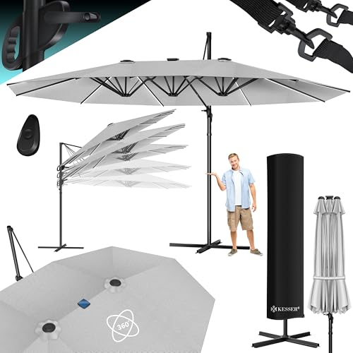 KESSER® Sonnenschirm Doppelsonnenschirm mit LED 4,6m x 2,7m | Ampelschirm Abdeckung & Windsicherung mit Kurbel & Ständer | Kurbelschirm Aluminium wasserabweisend Neigbar Kippbar 360° Drehbar Hellgrau von KESSER