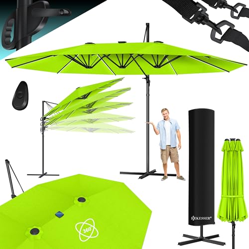 KESSER® Sonnenschirm Doppelsonnenschirm mit LED 4,6m x 2,7m | Ampelschirm Abdeckung & Windsicherung mit Kurbel & Ständer | Kurbelschirm Aluminium wasserabweisend Neigbar Kippbar 360° Drehbar Hellgrün von KESSER