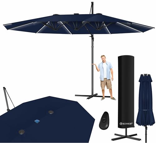 KESSER® Sonnenschirm Doppelsonnenschirm mit LED 4,6m x 2,7m | Ampelschirm Abdeckung| Kurbelschirm Aluminium wasserabweisend Neigbar Kippbar 360° Drehbar Navyblau von KESSER