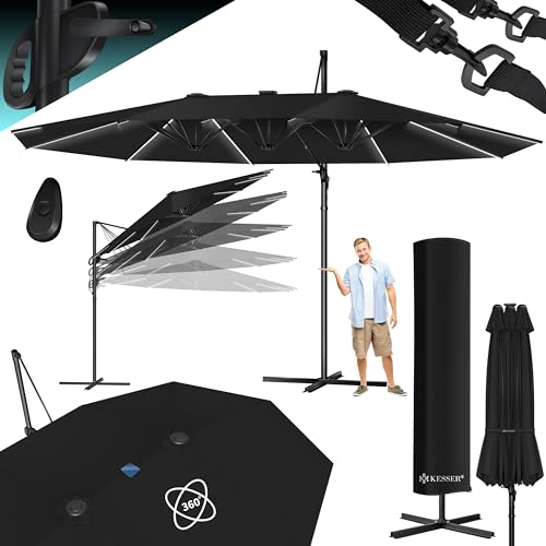 KESSER® Sonnenschirm Doppelsonnenschirm mit LED 4,6m x 2,7m | Ampelschirm Abdeckung & Windsicherung mit Kurbel & Ständer | Kurbelschirm Aluminium wasserabweisend | Neigbar Kippbar 360° Drehbar Schwarz von KESSER