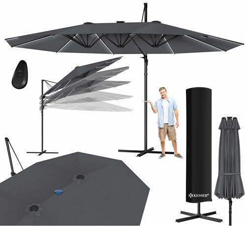 KESSER® Sonnenschirm Doppelsonnenschirm mit LED 4,6m x 2,7m | Ampelschirm Abdeckung| Kurbelschirm Aluminium wasserabweisend Neigbar Kippbar 360° Drehbar Anthrazit von KESSER