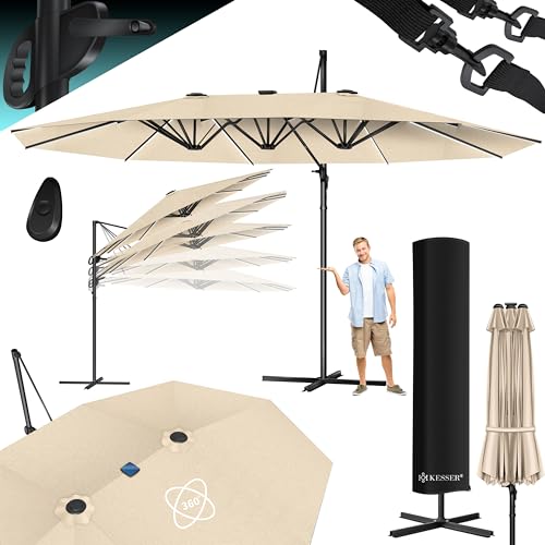 KESSER® Sonnenschirm Doppelsonnenschirm mit LED 4,6m x 2,7m | Ampelschirm Abdeckung & Windsicherung mit Kurbel & Ständer | Kurbelschirm Aluminium wasserabweisend | Neigbar Kippbar 360° Drehbar Beige von KESSER
